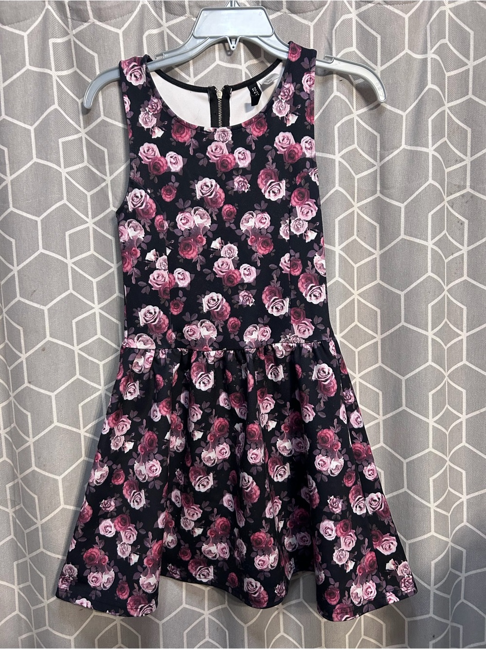 Divided Black Mini Dress with Pink Rose Pattern